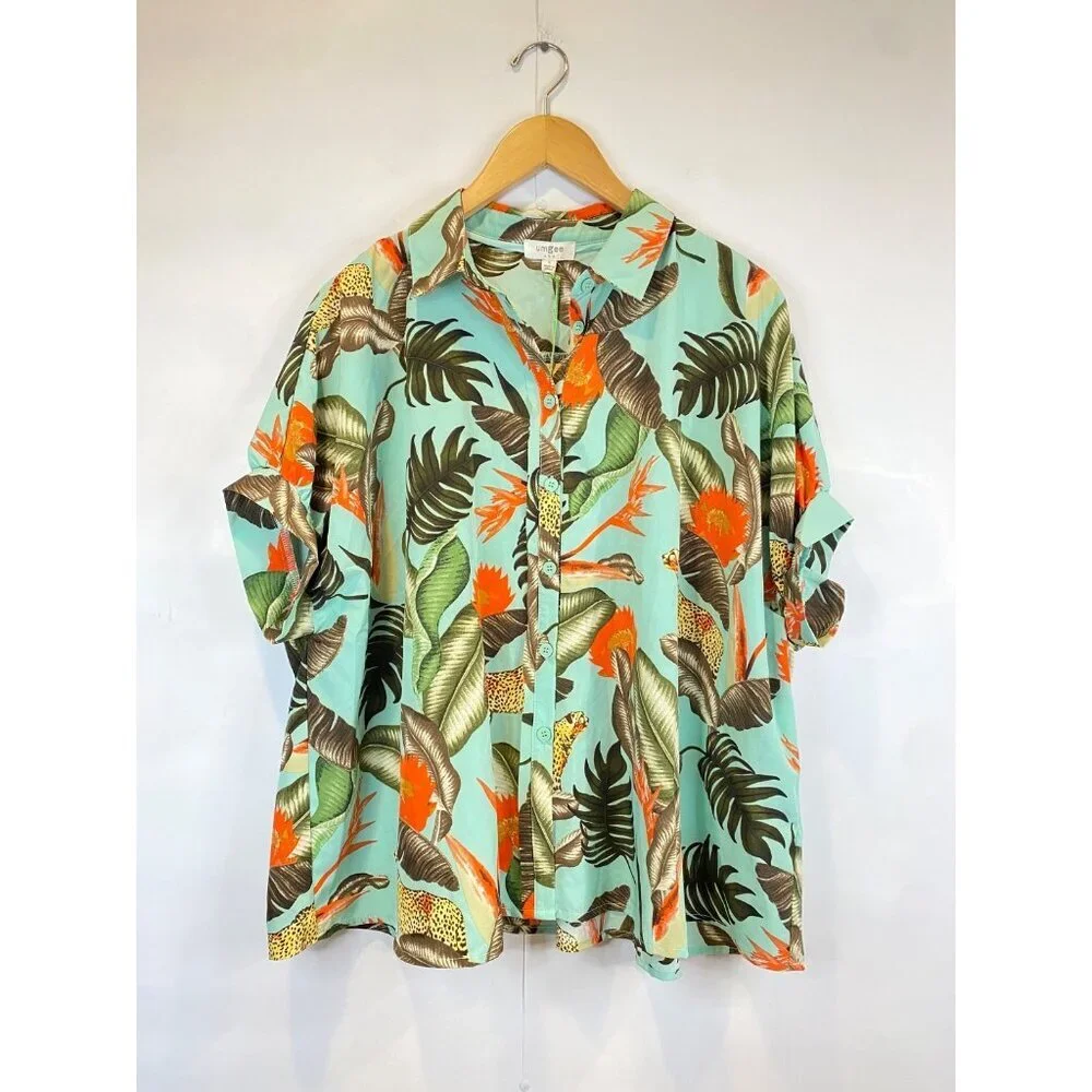 Umgee Women's Teal Mint Cheetah Palm Tropical Floral Top Blouse Size Small New - Picture 2 of 6